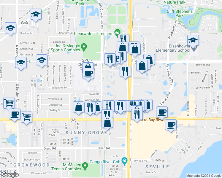 map of restaurants, bars, coffee shops, grocery stores, and more near Old Coachman Road South in Clearwater