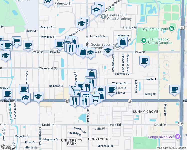 map of restaurants, bars, coffee shops, grocery stores, and more near 25 North Belcher Road in Clearwater