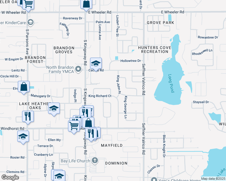 map of restaurants, bars, coffee shops, grocery stores, and more near 3314 King William Circle in Seffner