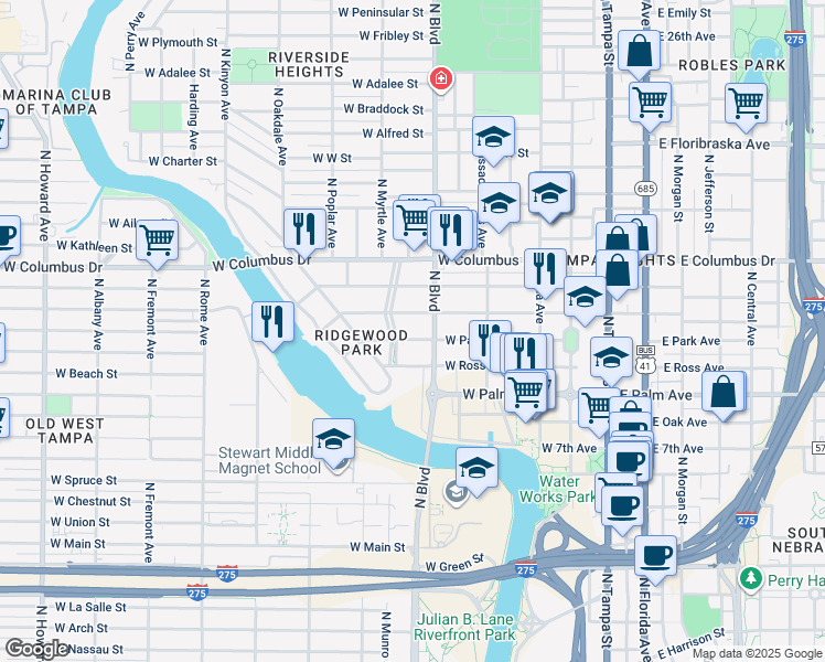 map of restaurants, bars, coffee shops, grocery stores, and more near 707 West Park Avenue in Tampa