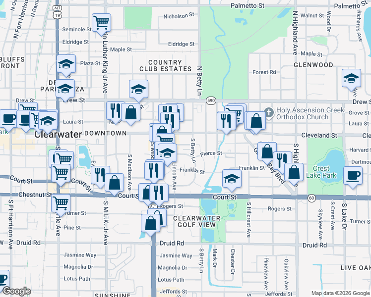 map of restaurants, bars, coffee shops, grocery stores, and more near 1261 Park Street in Clearwater