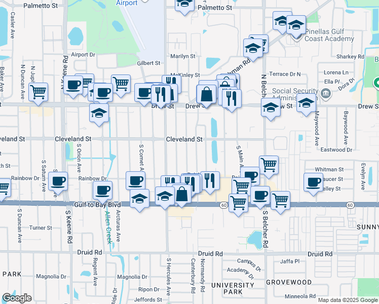 map of restaurants, bars, coffee shops, grocery stores, and more near 14 South Mercury Avenue in Clearwater