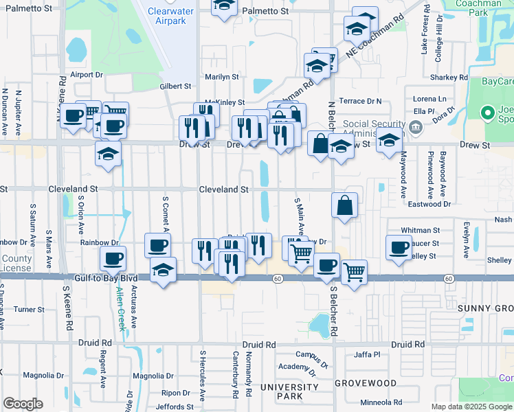 map of restaurants, bars, coffee shops, grocery stores, and more near 15 South Neptune Avenue in Clearwater