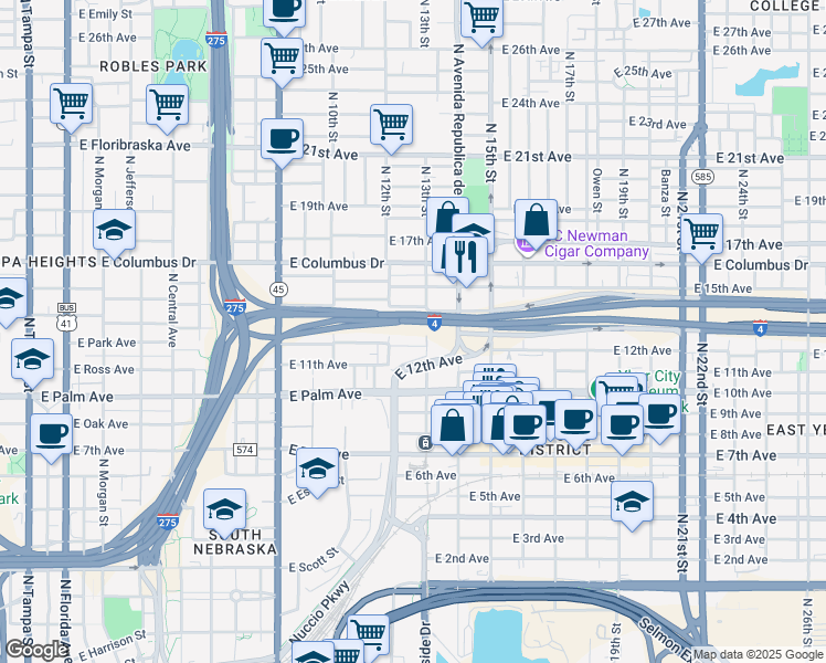 map of restaurants, bars, coffee shops, grocery stores, and more near 1217 East 13th Avenue in Tampa