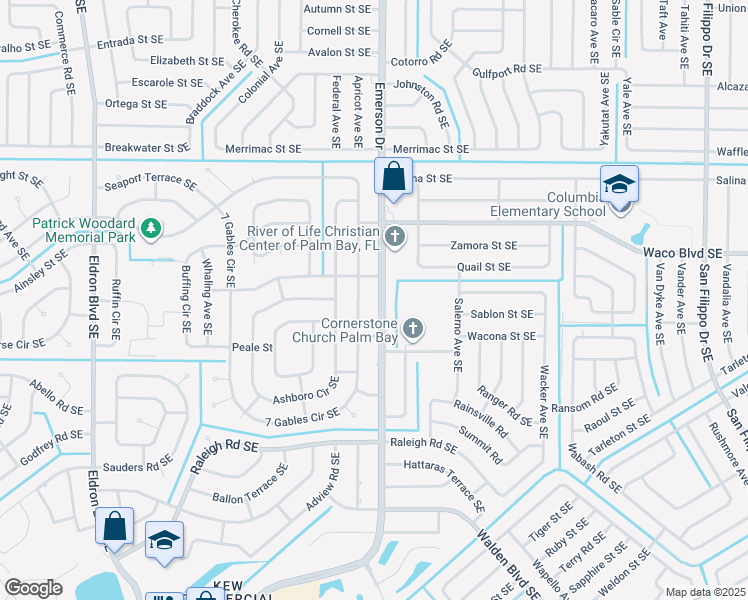 map of restaurants, bars, coffee shops, grocery stores, and more near 2732 Emerson Drive Southeast in Palm Bay