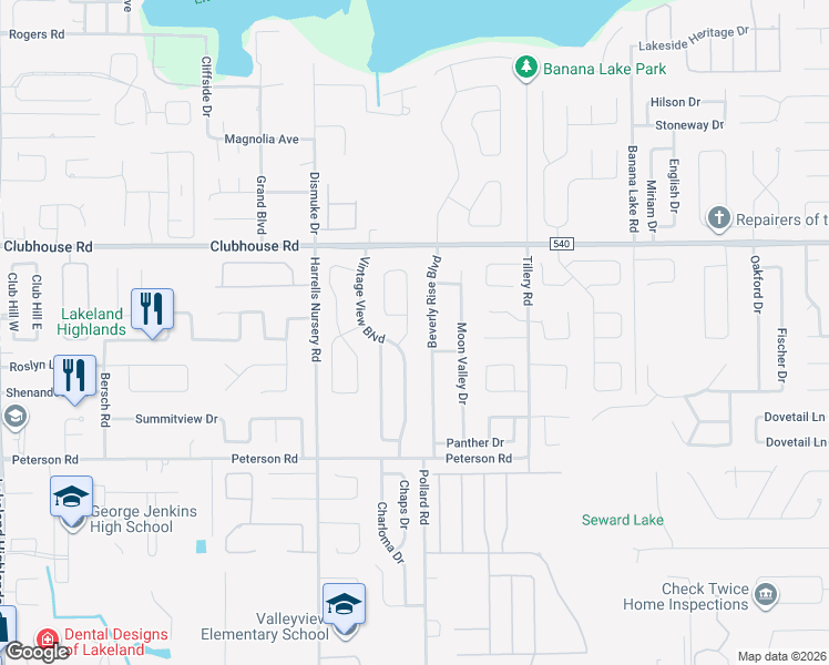 map of restaurants, bars, coffee shops, grocery stores, and more near 3004 Vintage View Circle in Lakeland