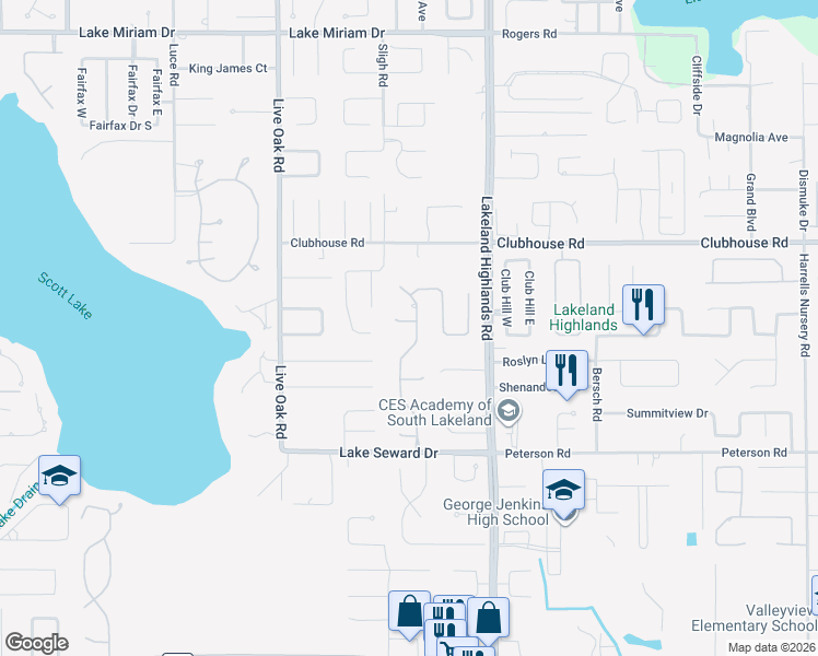map of restaurants, bars, coffee shops, grocery stores, and more near 5551 Emerald Ridge Boulevard in Lakeland