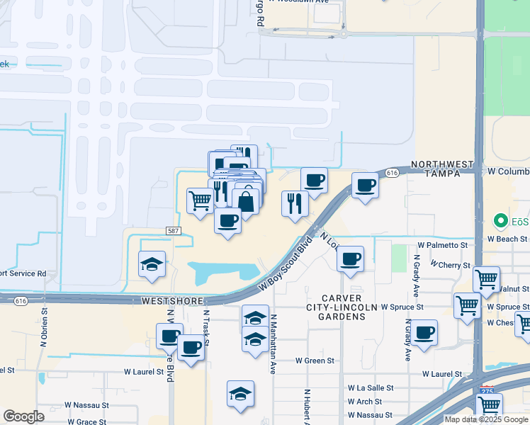 map of restaurants, bars, coffee shops, grocery stores, and more near 2223 North Westshore Boulevard in Tampa