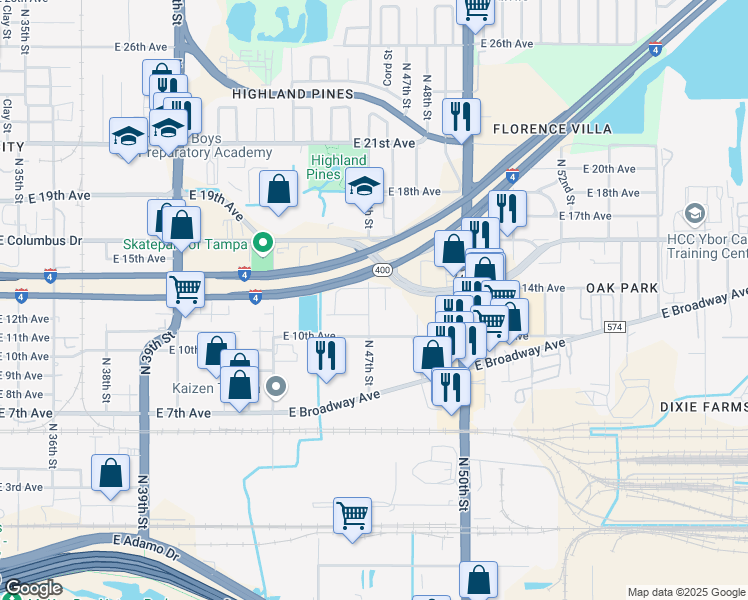 map of restaurants, bars, coffee shops, grocery stores, and more near 2306 North 48th Street in Tampa