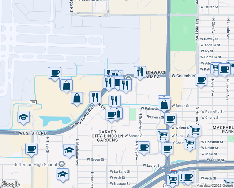 map of restaurants, bars, coffee shops, grocery stores, and more near 4030 West Boy Scout Boulevard in Tampa