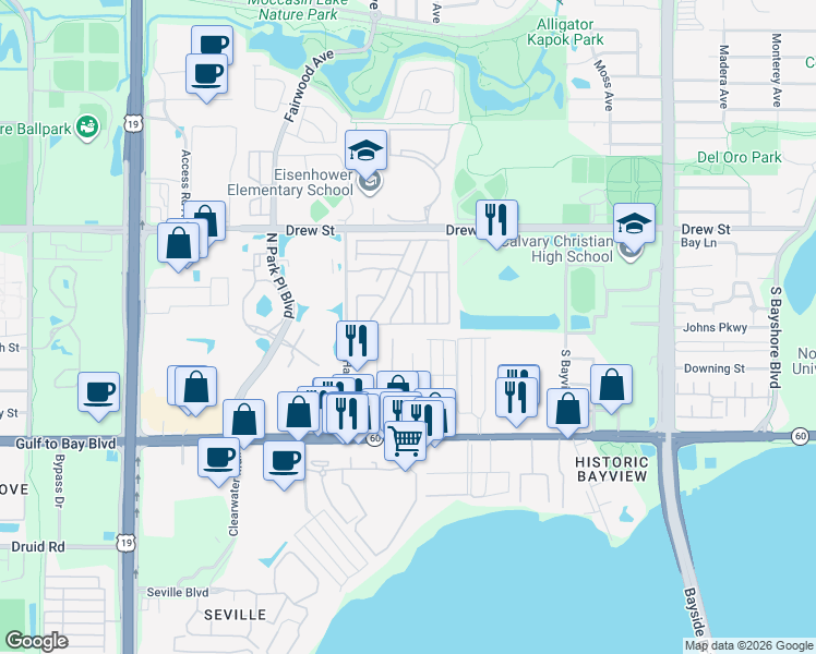 map of restaurants, bars, coffee shops, grocery stores, and more near 179 Leeward Isles in Clearwater