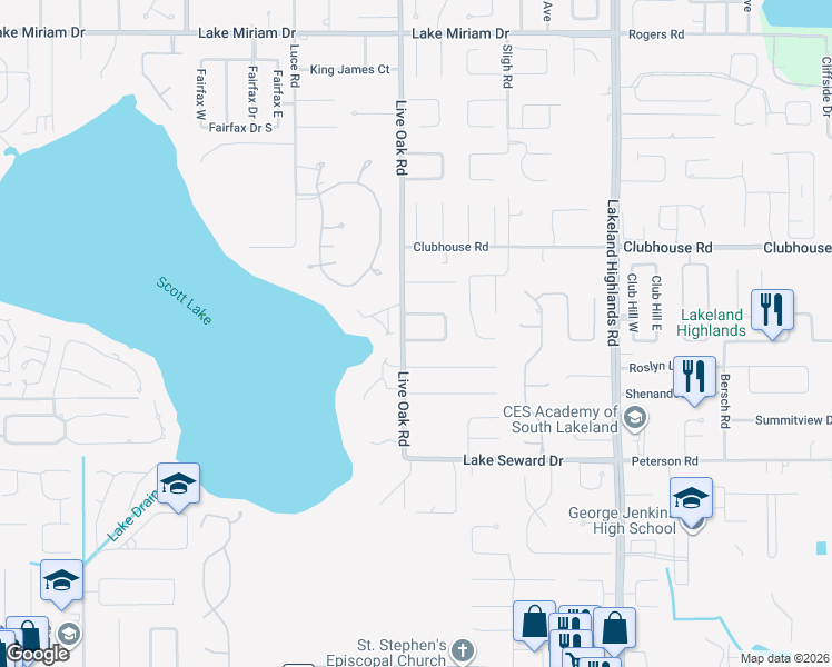 map of restaurants, bars, coffee shops, grocery stores, and more near 1608 Lakewood Drive South in Lakeland