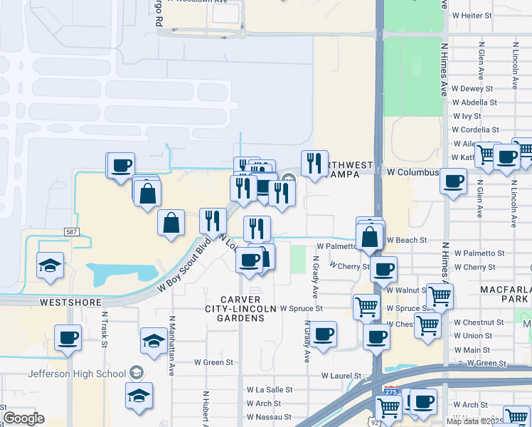 map of restaurants, bars, coffee shops, grocery stores, and more near 4100 West Boy Scout Boulevard in Tampa