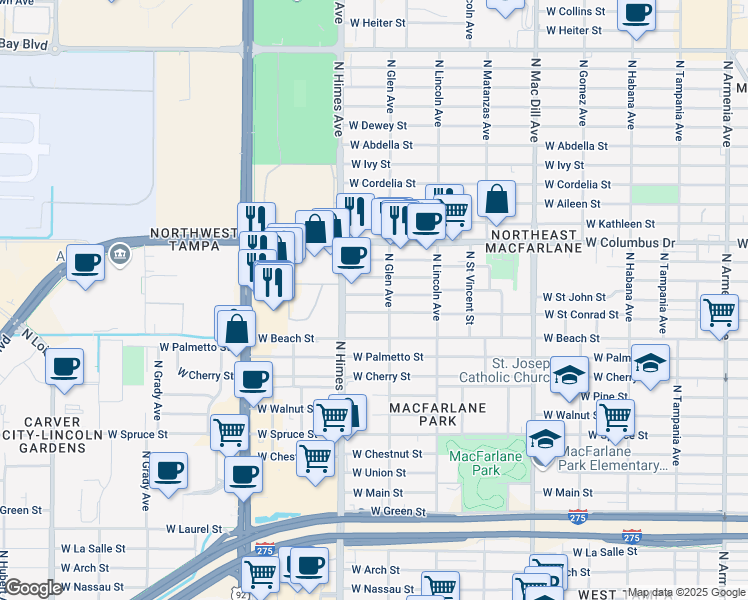 map of restaurants, bars, coffee shops, grocery stores, and more near 3408 West Saint John Street in Tampa