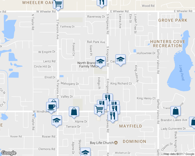 map of restaurants, bars, coffee shops, grocery stores, and more near 3116 Indigo Place in Seffner