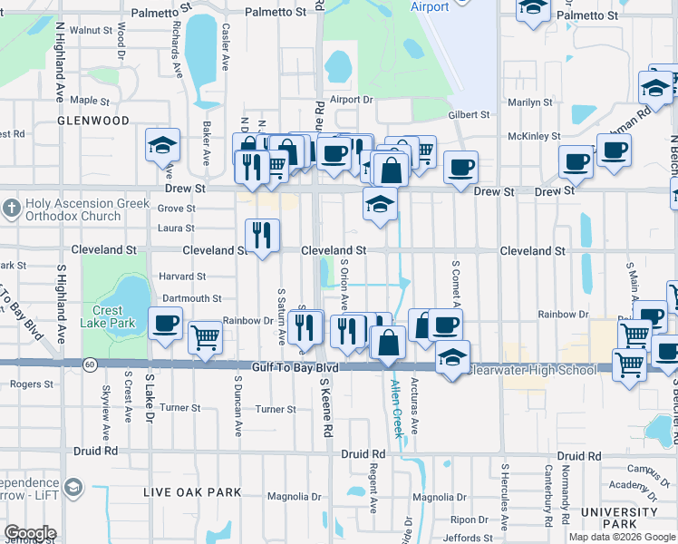 map of restaurants, bars, coffee shops, grocery stores, and more near 16 South Orion Avenue in Clearwater