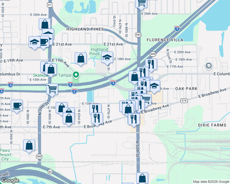 map of restaurants, bars, coffee shops, grocery stores, and more near 2306 North 48th Street in Tampa