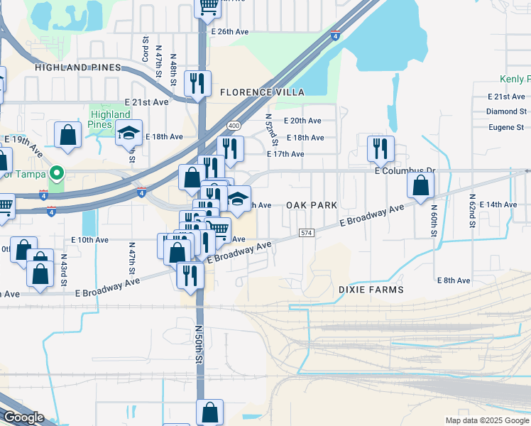 map of restaurants, bars, coffee shops, grocery stores, and more near 2316 North 52nd Street in Tampa