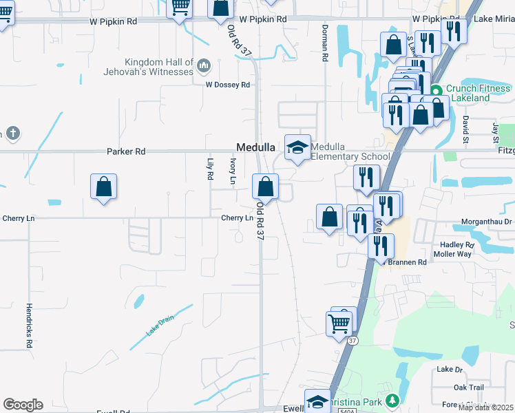 map of restaurants, bars, coffee shops, grocery stores, and more near 5525 Old Road 37 in Lakeland