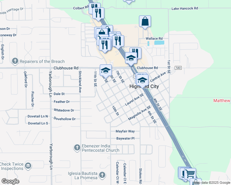 map of restaurants, bars, coffee shops, grocery stores, and more near 4056 Lime Avenue Southeast in Lakeland