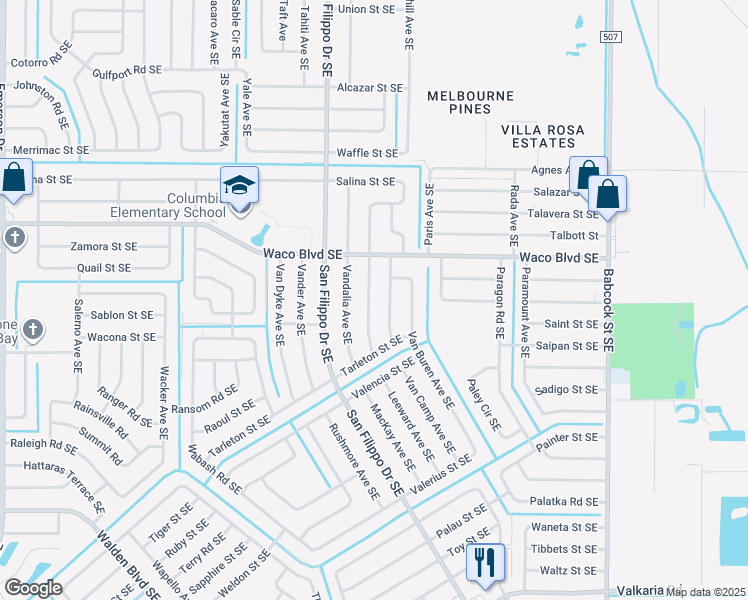 map of restaurants, bars, coffee shops, grocery stores, and more near 1337 Vancouver Avenue Southeast in Palm Bay