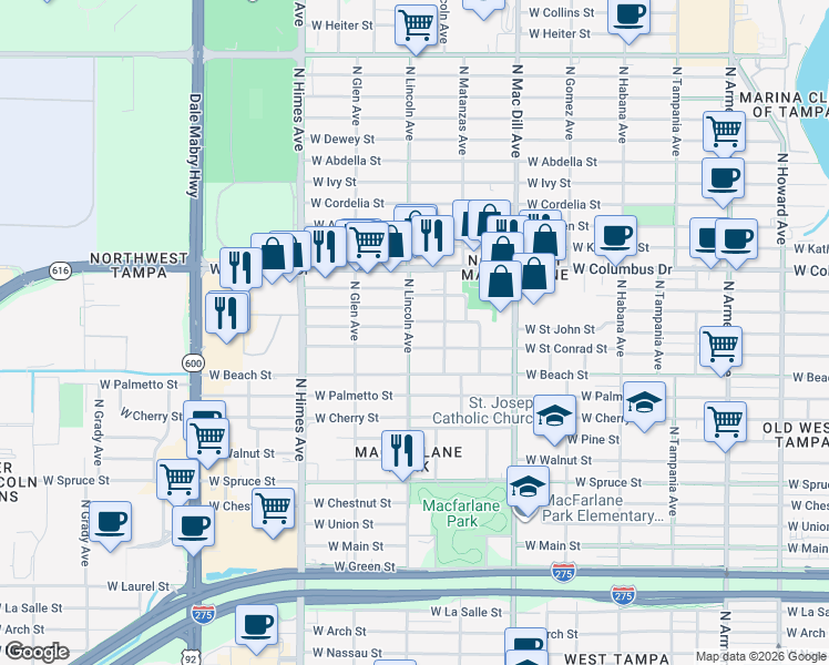 map of restaurants, bars, coffee shops, grocery stores, and more near 2607 North Lincoln Avenue in Tampa
