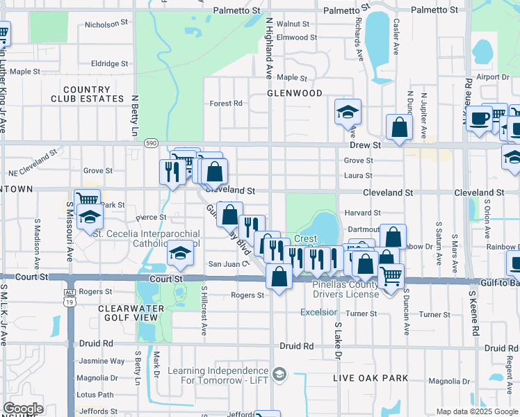 map of restaurants, bars, coffee shops, grocery stores, and more near 1483 Park Street in Clearwater