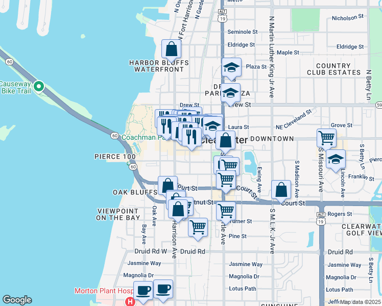map of restaurants, bars, coffee shops, grocery stores, and more near 103 South Garden Avenue in Clearwater