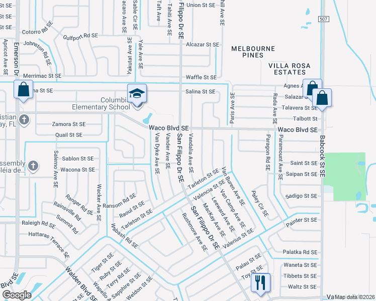 map of restaurants, bars, coffee shops, grocery stores, and more near 1336 Vandalia Avenue Southeast in Palm Bay