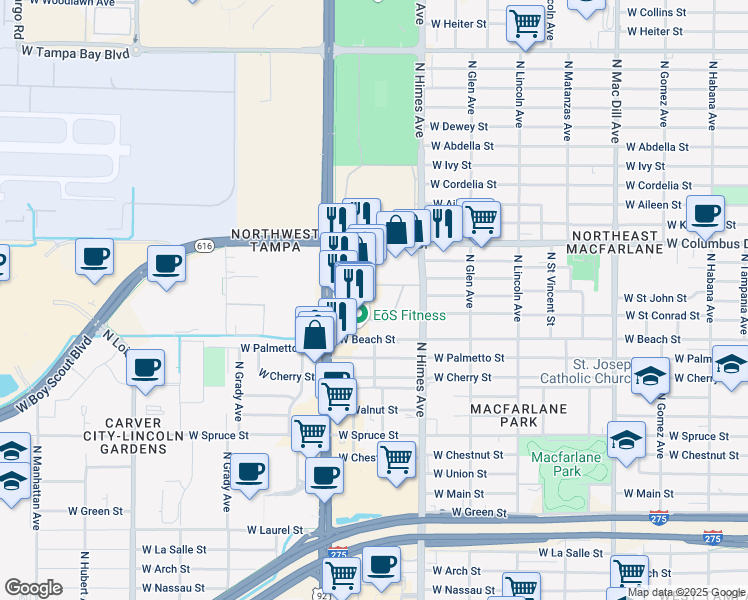 map of restaurants, bars, coffee shops, grocery stores, and more near 2901 North Dale Mabry Highway in Tampa