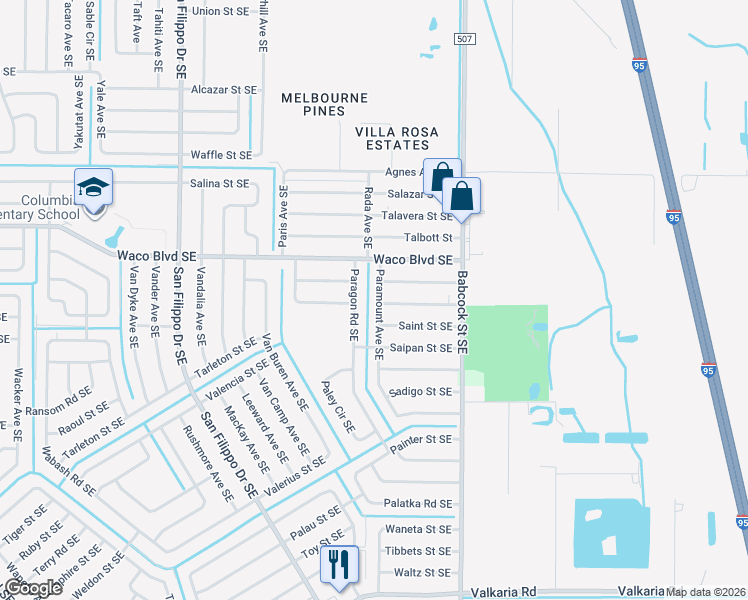 map of restaurants, bars, coffee shops, grocery stores, and more near 1350 Paramount Avenue Southeast in Palm Bay