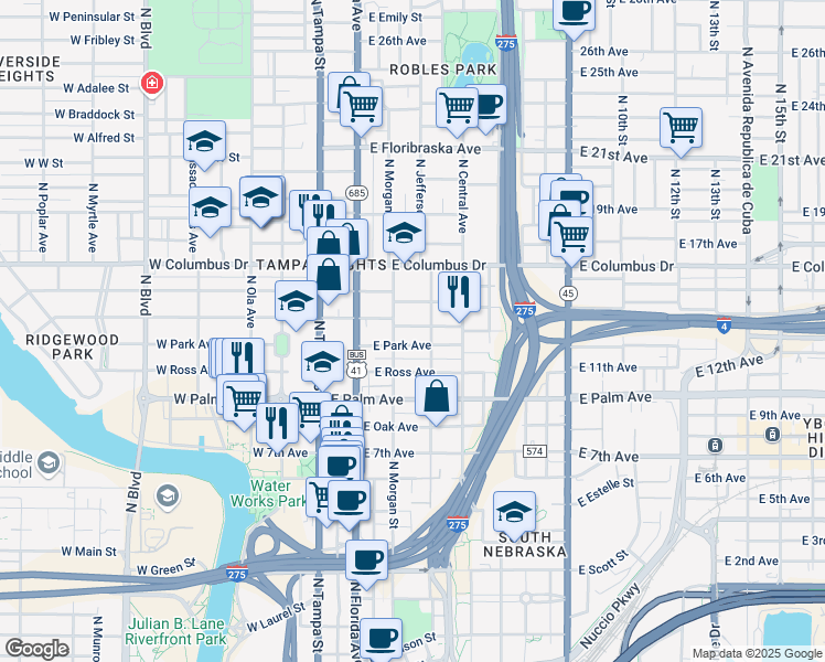map of restaurants, bars, coffee shops, grocery stores, and more near 2209 North Morgan Street in Tampa