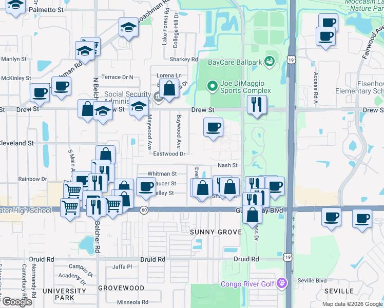map of restaurants, bars, coffee shops, grocery stores, and more near 2391 Eastwood Drive in Clearwater