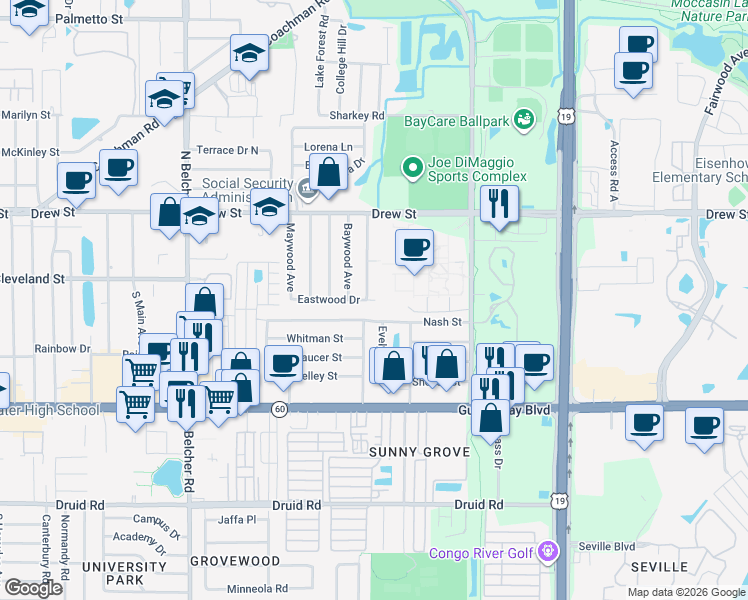 map of restaurants, bars, coffee shops, grocery stores, and more near 2391 Eastwood Drive in Clearwater