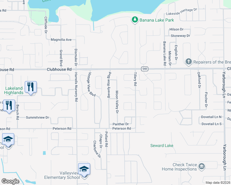 map of restaurants, bars, coffee shops, grocery stores, and more near 5499 Moon Valley Drive in Lakeland