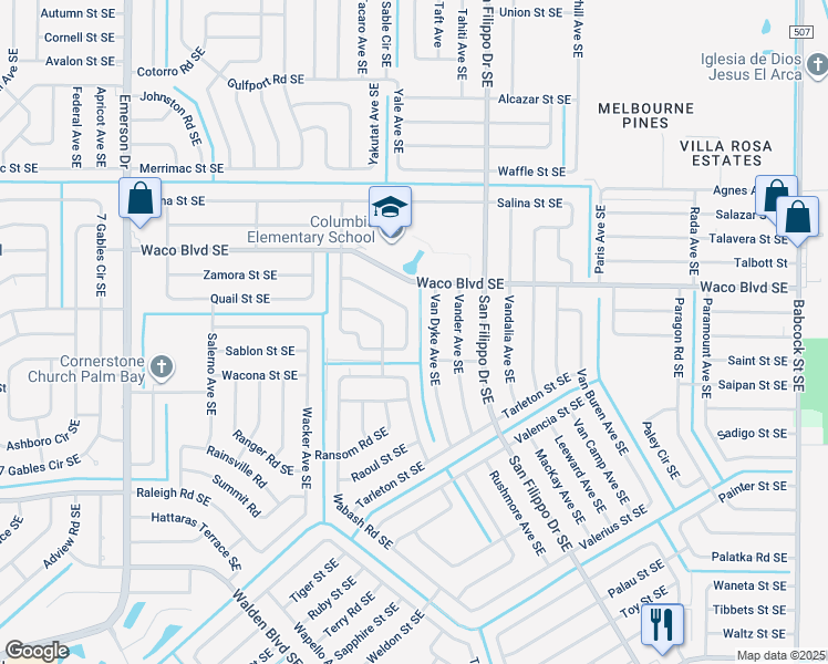 map of restaurants, bars, coffee shops, grocery stores, and more near 1375 Packer Road Southeast in Palm Bay