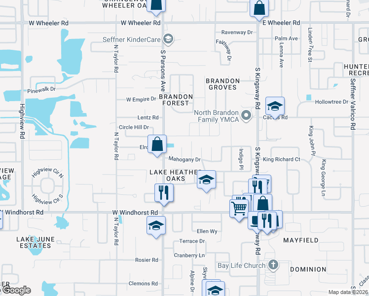 map of restaurants, bars, coffee shops, grocery stores, and more near 3107 Elderwood Place in Seffner