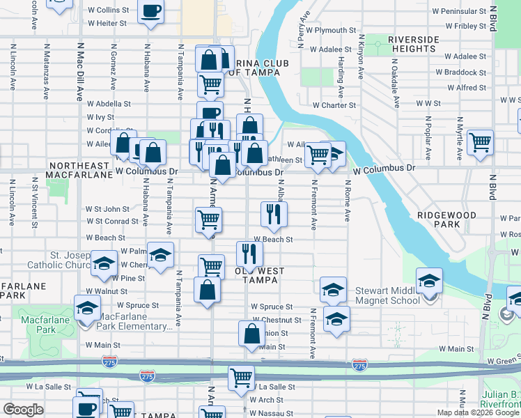 map of restaurants, bars, coffee shops, grocery stores, and more near 2117 West Saint John Street in Tampa