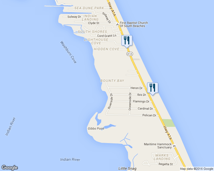 map of restaurants, bars, coffee shops, grocery stores, and more near 5855 Riverside Drive in Melbourne Beach