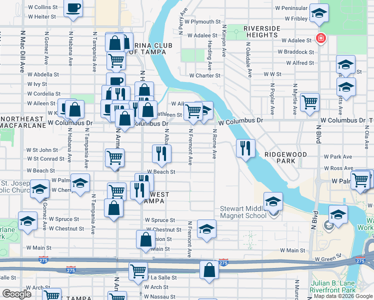 map of restaurants, bars, coffee shops, grocery stores, and more near 1907 West Saint John Street in Tampa