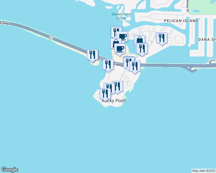 map of restaurants, bars, coffee shops, grocery stores, and more near 9107 Bay Club Court in Tampa