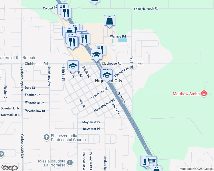 map of restaurants, bars, coffee shops, grocery stores, and more near 5503 Bartow Road in Lakeland