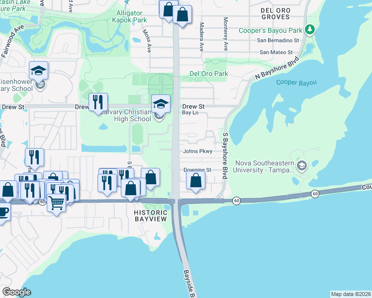 map of restaurants, bars, coffee shops, grocery stores, and more near 3108 Johns Parkway in Clearwater