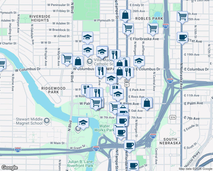 map of restaurants, bars, coffee shops, grocery stores, and more near 2309 North Highland Avenue in Tampa