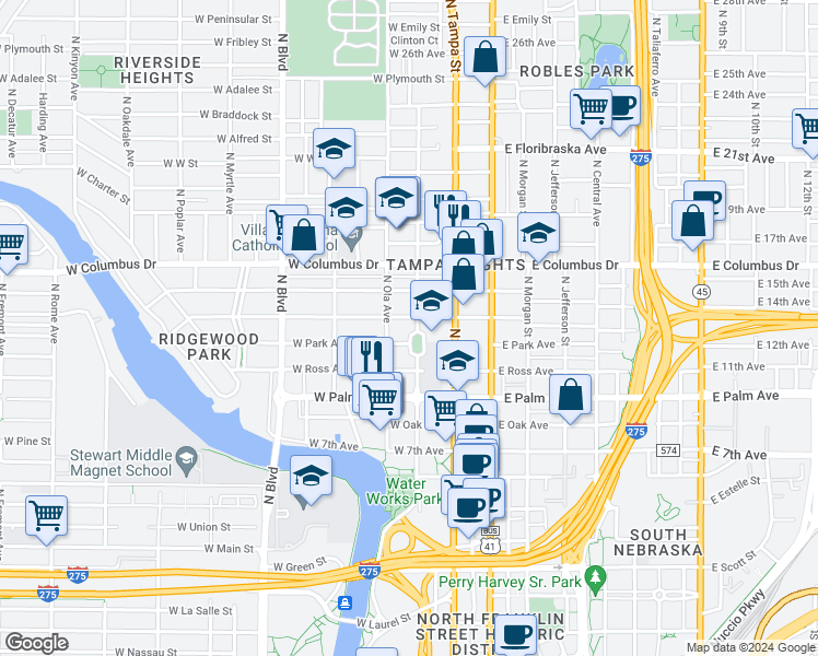 map of restaurants, bars, coffee shops, grocery stores, and more near 2309 North Highland Avenue in Tampa