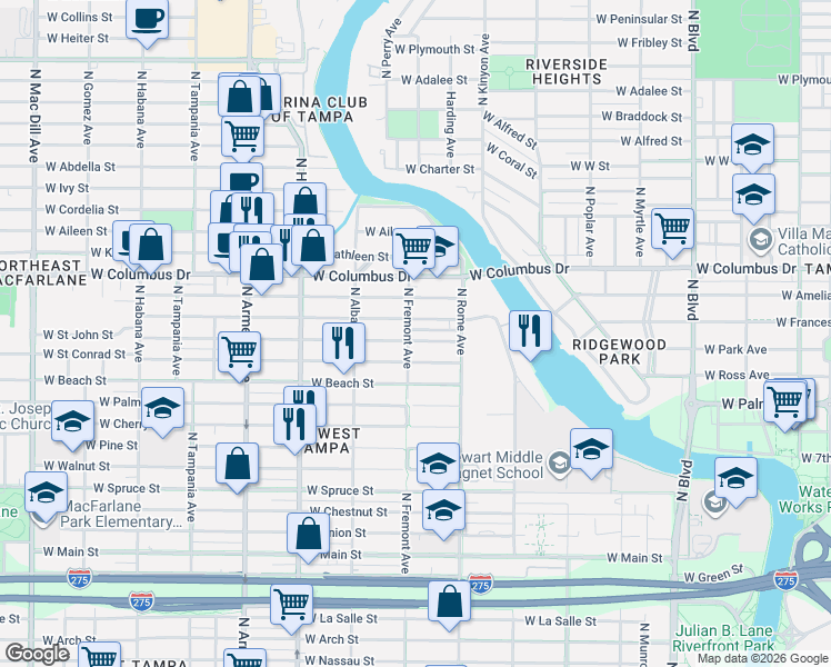 map of restaurants, bars, coffee shops, grocery stores, and more near 1907 West Saint John Street in Tampa