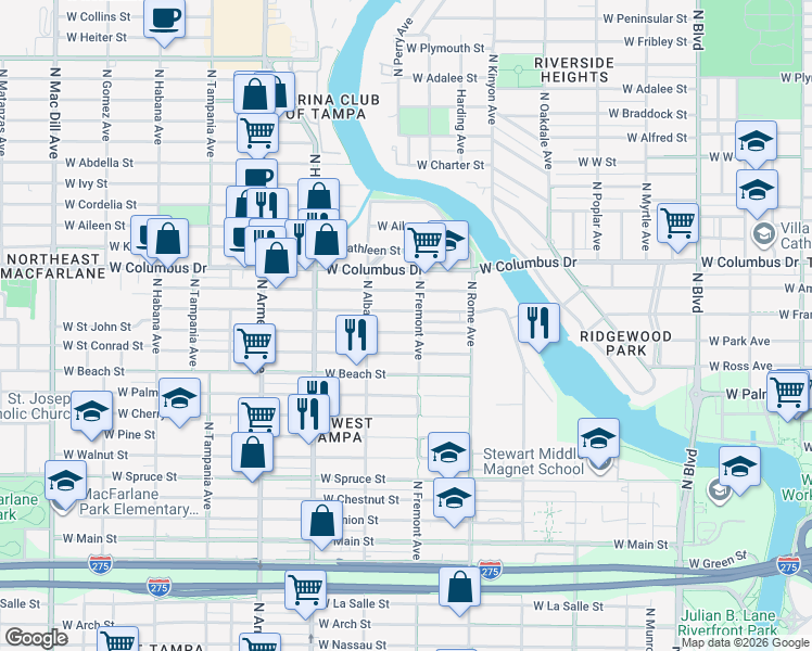 map of restaurants, bars, coffee shops, grocery stores, and more near 1907 West Saint John Street in Tampa