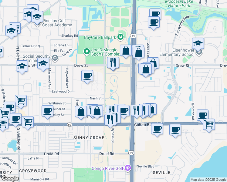 map of restaurants, bars, coffee shops, grocery stores, and more near 101 South Old Coachman Road in Clearwater