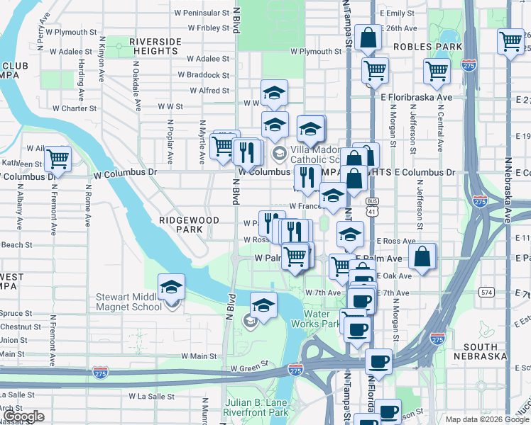 map of restaurants, bars, coffee shops, grocery stores, and more near 319 West Park Avenue in Tampa