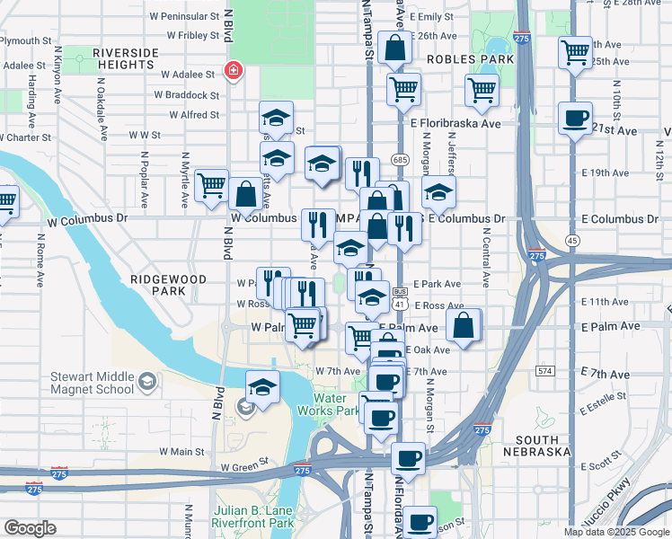 map of restaurants, bars, coffee shops, grocery stores, and more near 2309 North Highland Avenue in Tampa